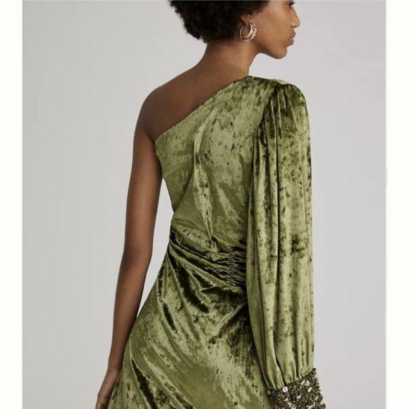 Nirmooha Anthropologie Green Velvet One Shoulder Beaded Dress - Picture 4 of 8